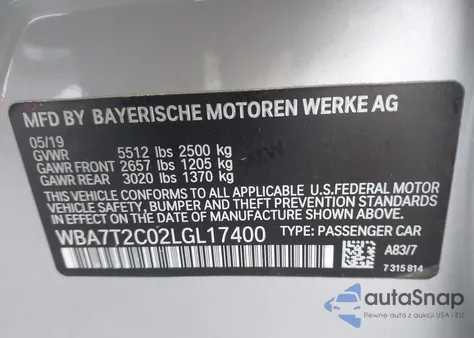 2020 BMW 740I z USA, uszkodzony, nr VIN WBA7T2C02LGL17400